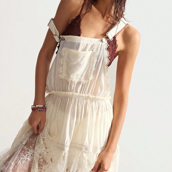 Apricot Casual Women's Woven Splice Lace Trim Loose Cami Midi Dress - Picture 6 of 7